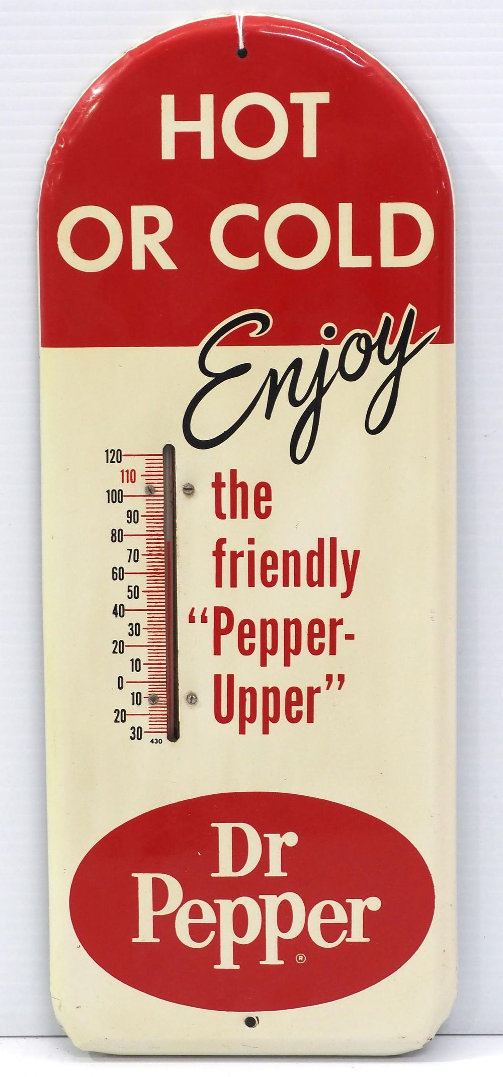 Lot 1194: 6.5"x16" tin Dr Pepper "Hot or Cold" thermometer
