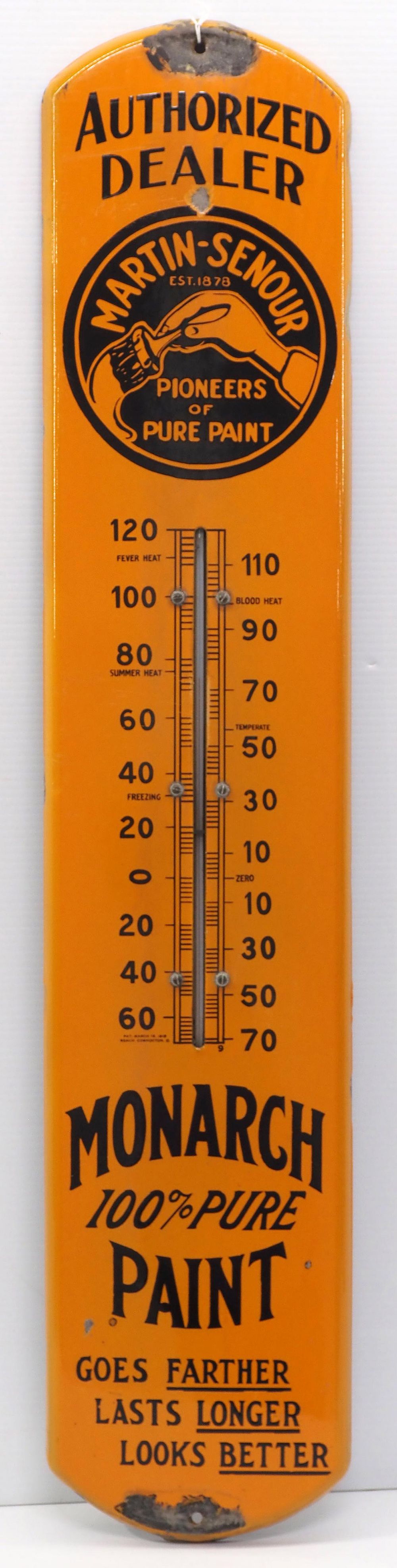 Lot 1221: 8"x39" porcelain Monarch Paint thermometer
