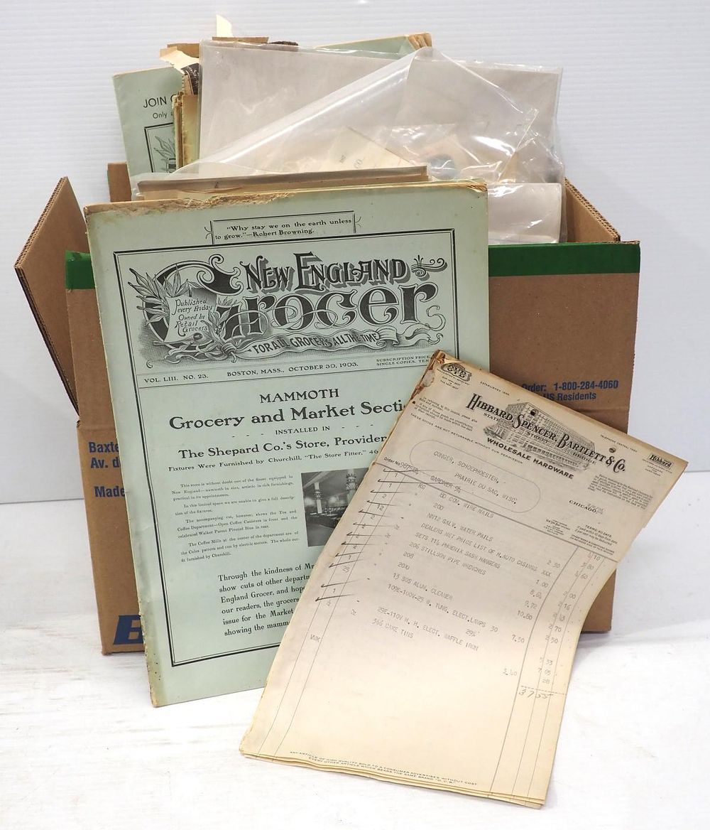 Lot 1346: Lot of early 1900's New England Grocer magazines, paper invoices & receipts, etc!