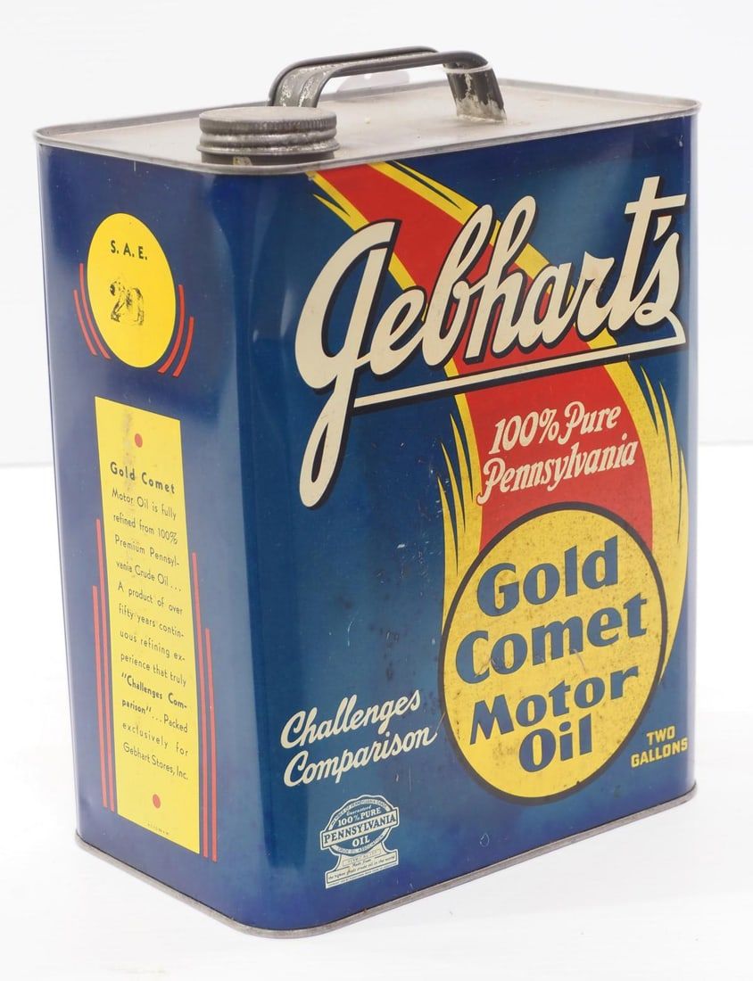 Lot 177: Gebharts Gold Comet Motor Oil 2-gallon tin