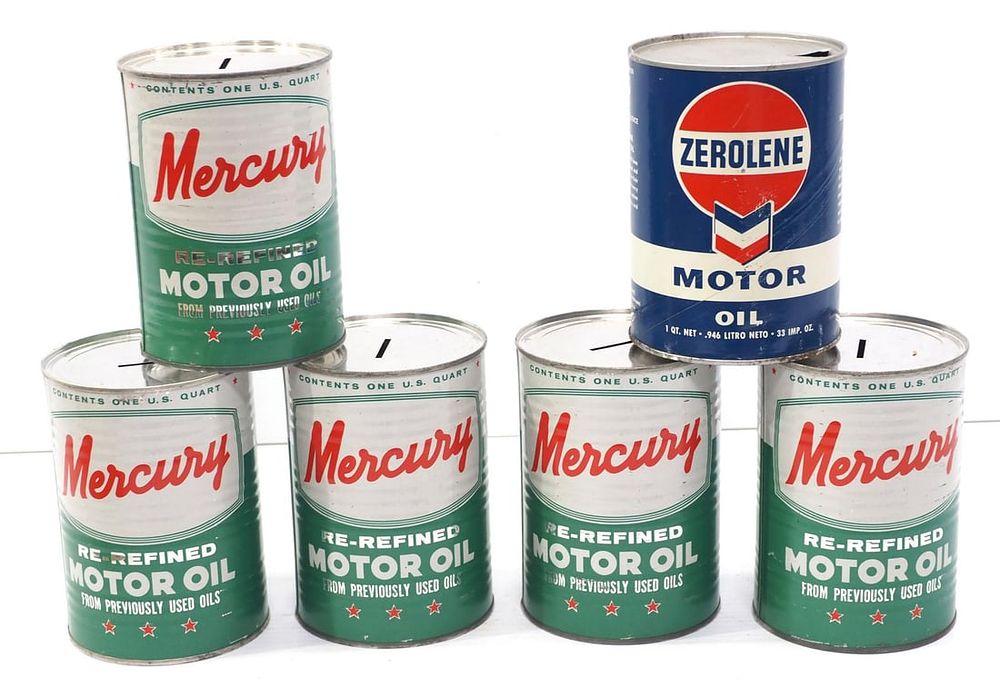 Lot 207: (5) 1-quart Mercury Motor Oil tin can banks