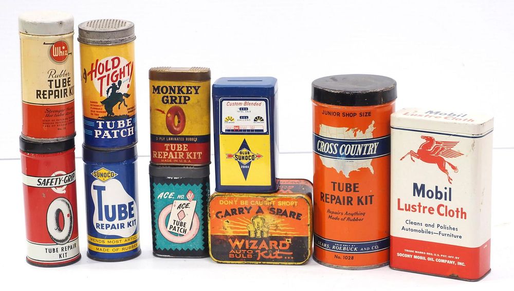 Lot 221: (10) Small automobile repair kit tins