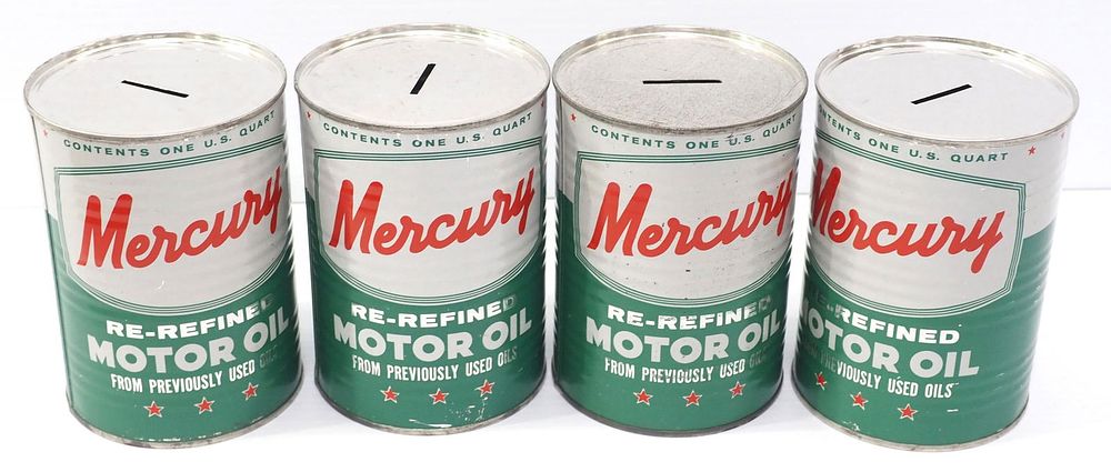 Lot 276: (4) 1-quart Mercury Motor Oil tin can banks