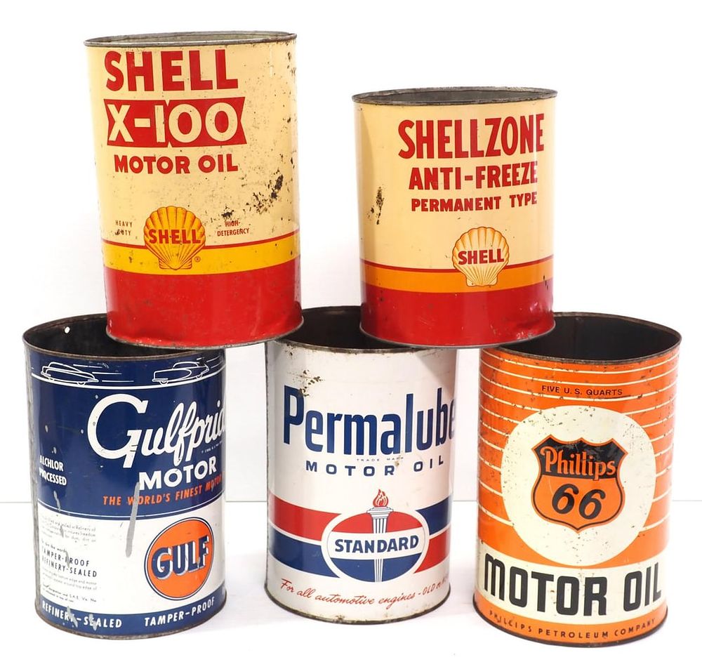 Lot 357: (5) Large petroleum product tins