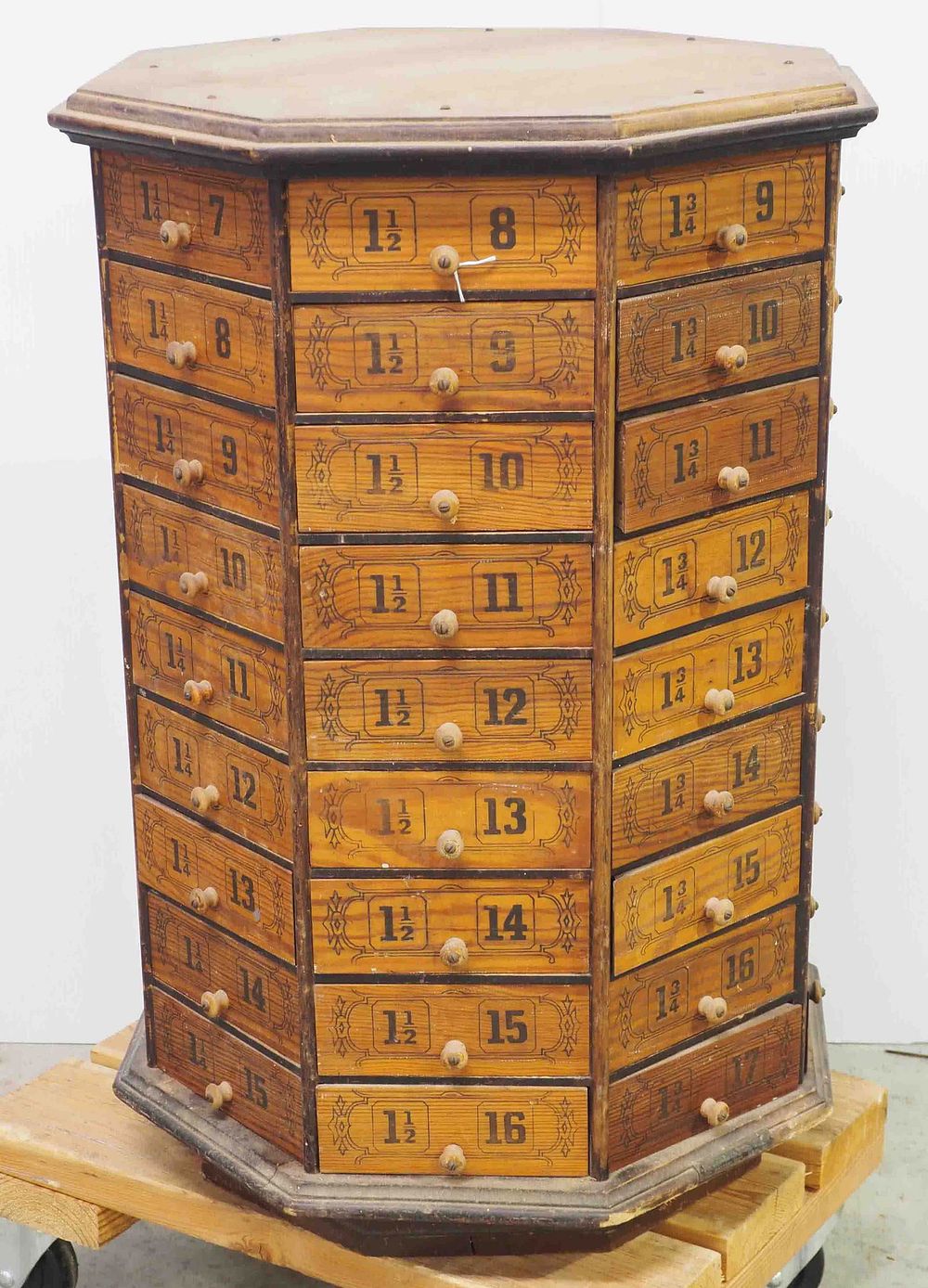 Lot 1182: Wooden, rotating, octagon 72-drawer bolt bin