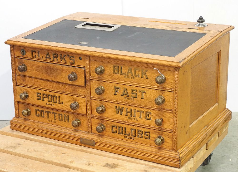 Lot 1263: Oak 8-drawer Clarks spool cabinet/cash register