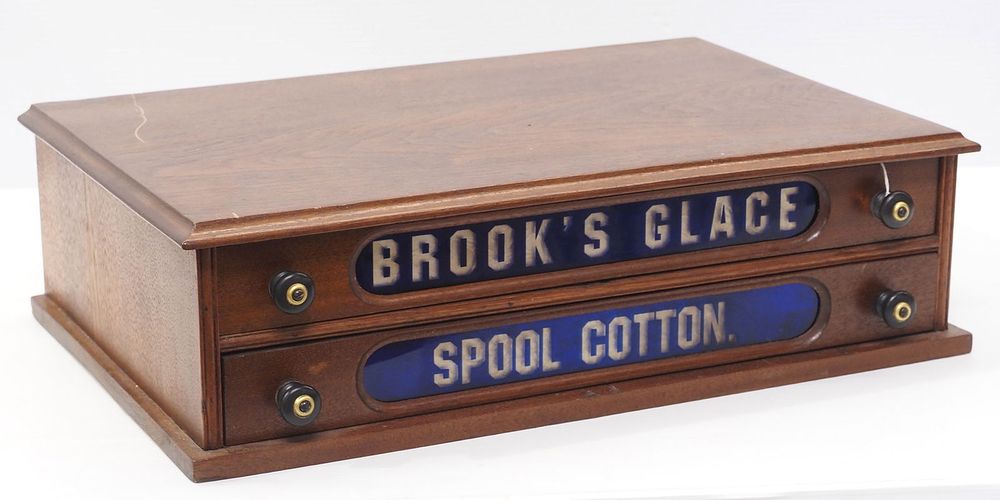 Lot 1294: Wooden 2-drawer Brooks & Glace spool cabinet