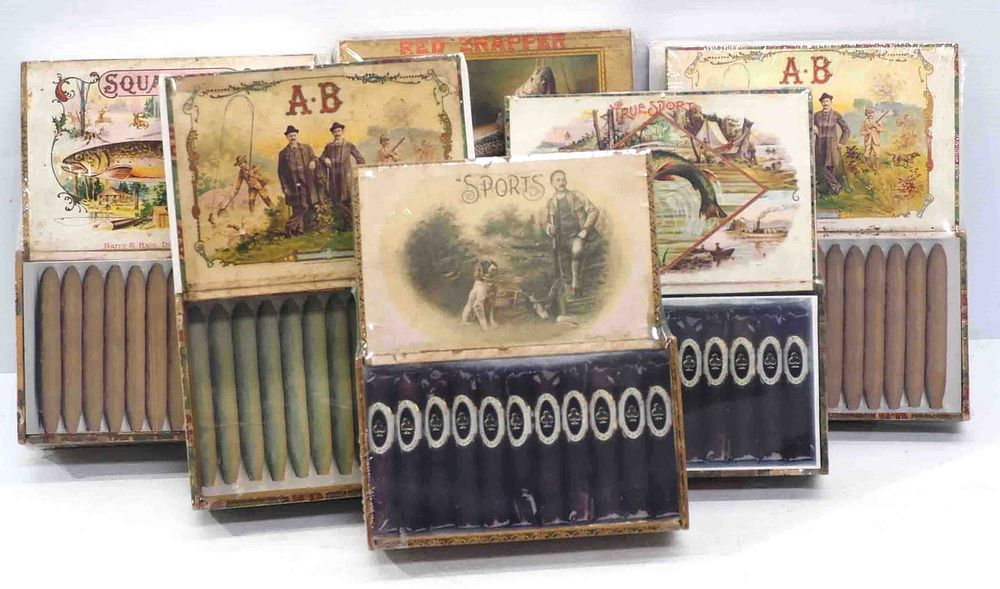 Lot 1297: (6) Wooden cigar boxes with colorful labels