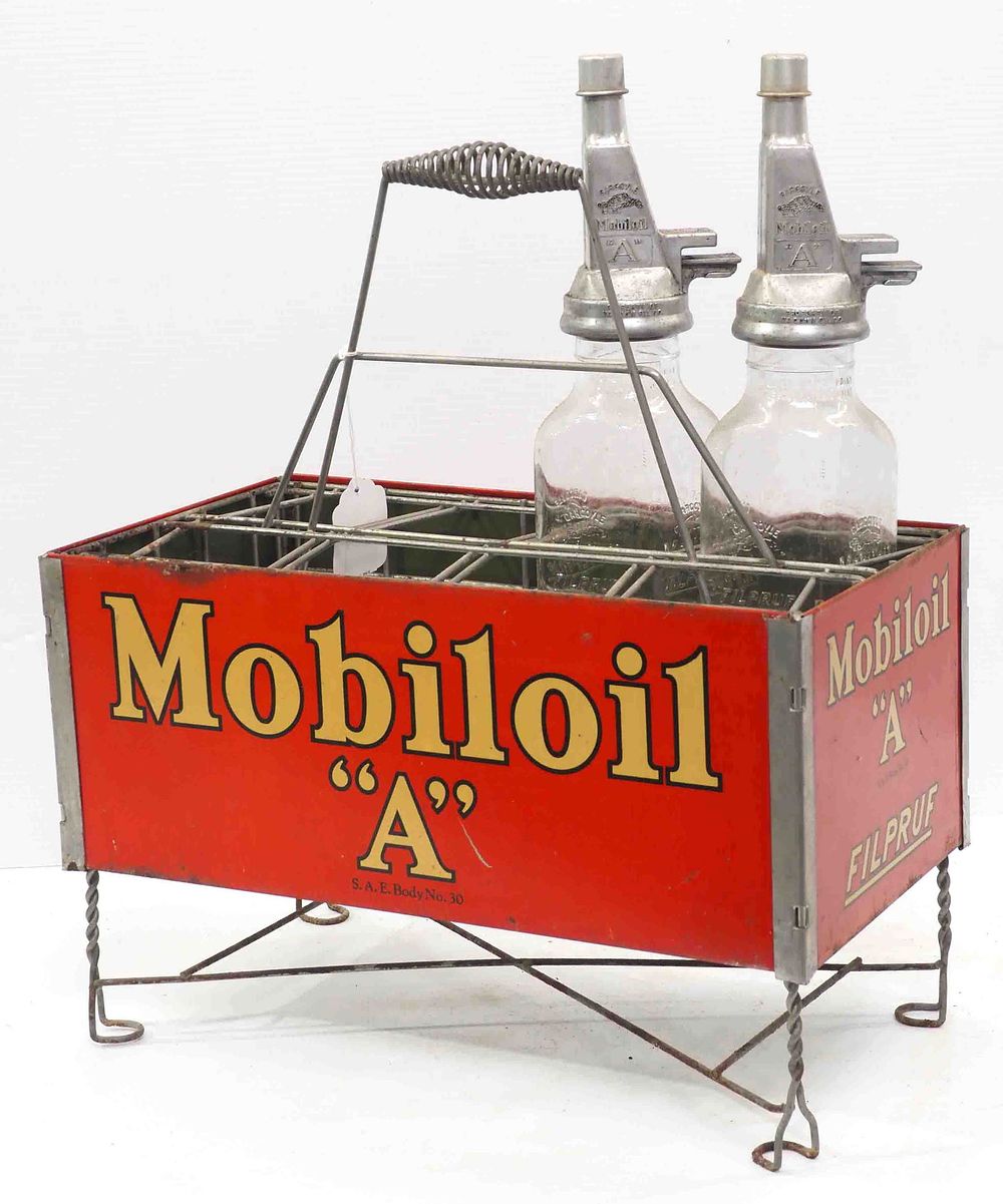 Lot 1308: Mobiloil A Filpruf metal oil bottles & rack