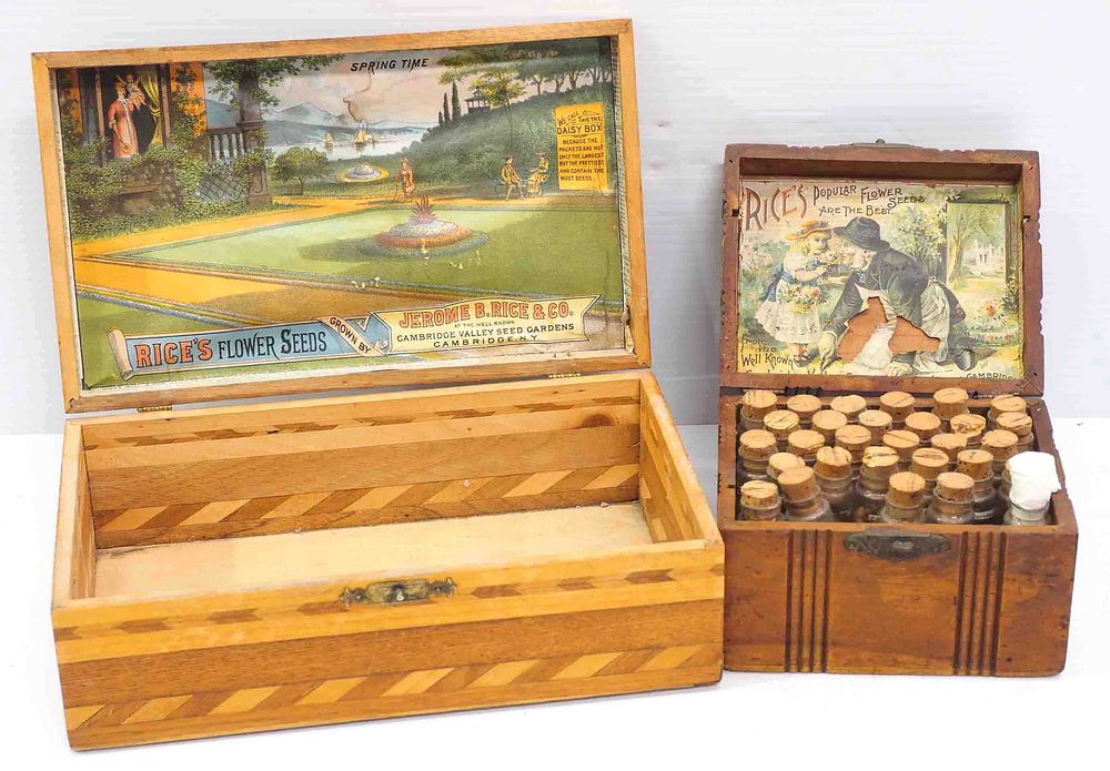 Lot 1445: (2) Wooden Rice's Flower Seeds boxes