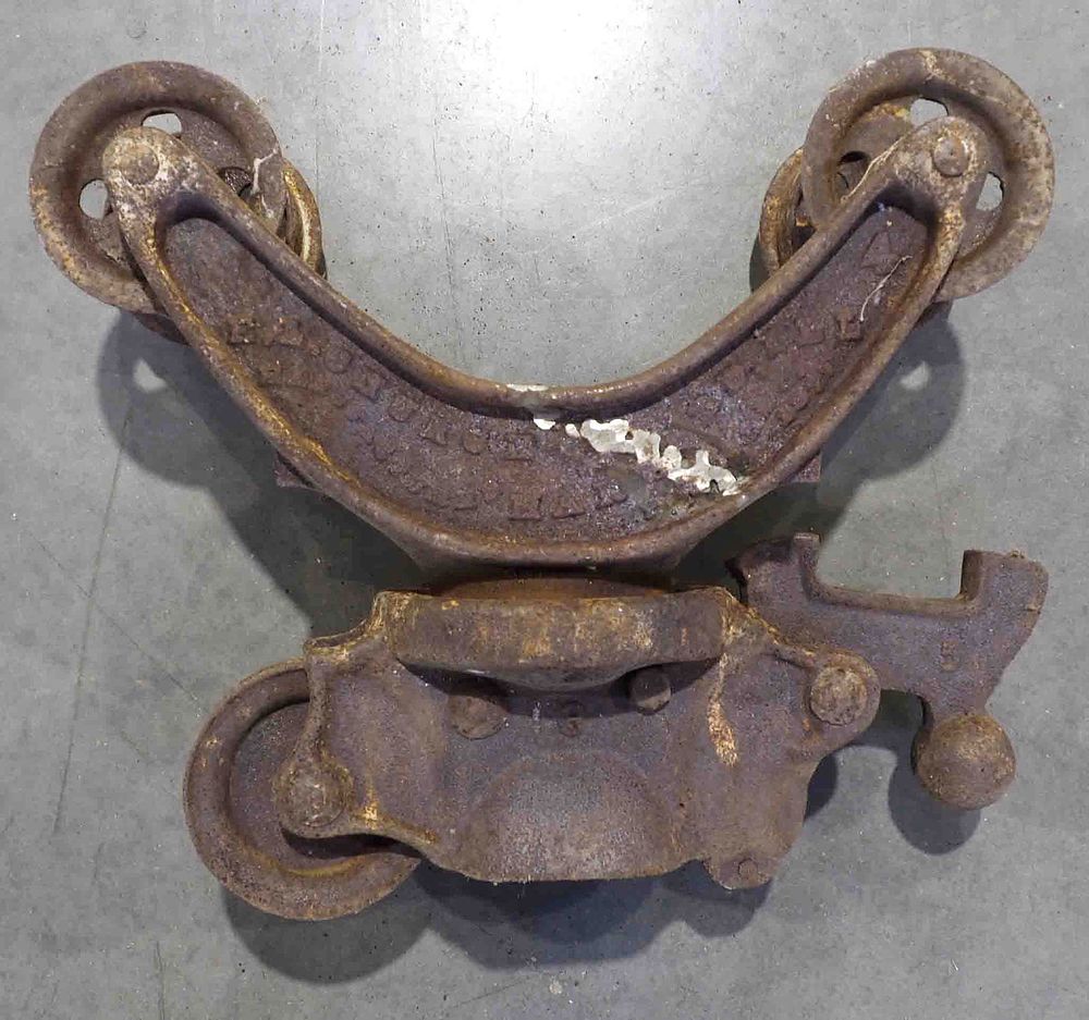 Lot 618: Church swivel, wood beam hay trolley