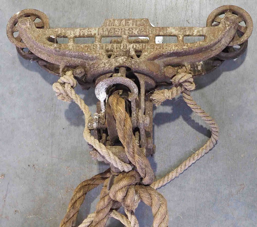 Lot 837: Myers Cross Draft hay trolley with sling pulley