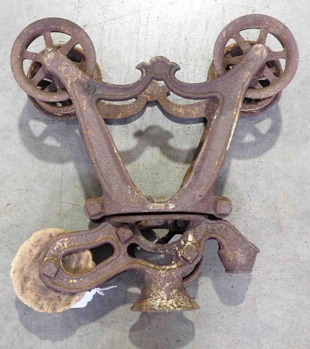 Lot 906: V.L. Ney wood beam hay trolley