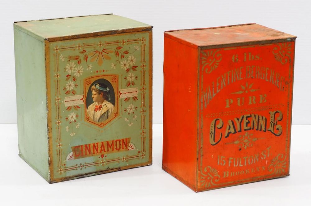 Lot 1188: (2) Tin country store spice containers