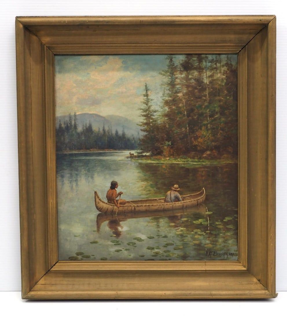 Lot 1339: Original oil painting of Indian in canoe