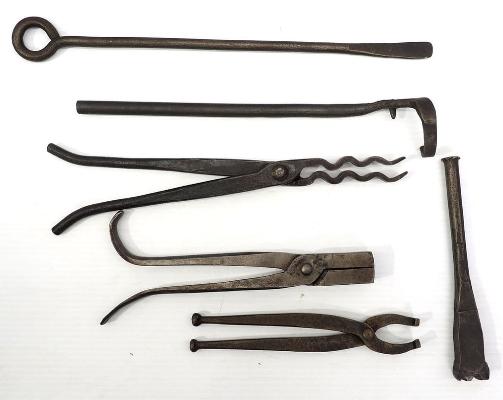 Lot 2192: (3) Tongs, (2) forge tools & log marking tool