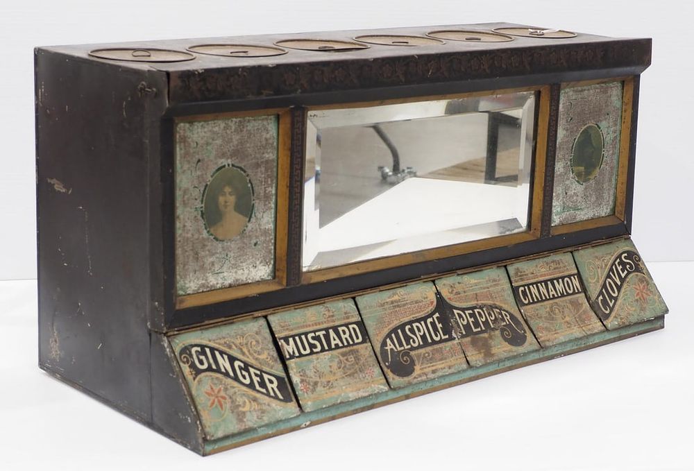 Lot 1155: Country store countertop tin spice cabinet