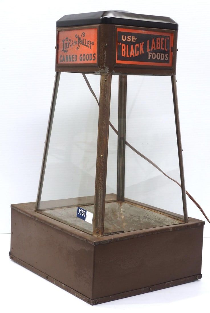 Lot 1186: Metal & glass, lighted product dispenser/display