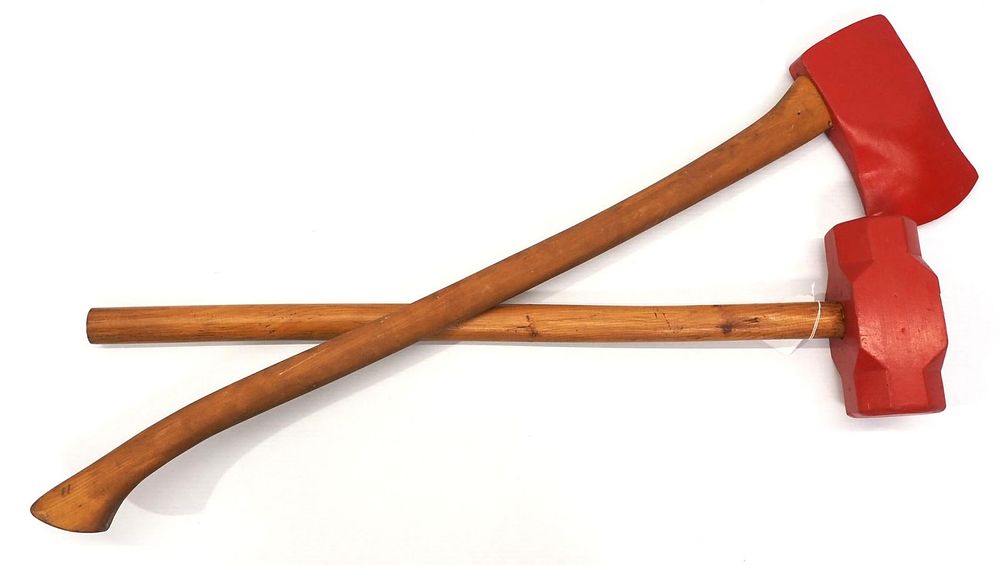 Lot 1431: Wooden store display axe and sledge hammer