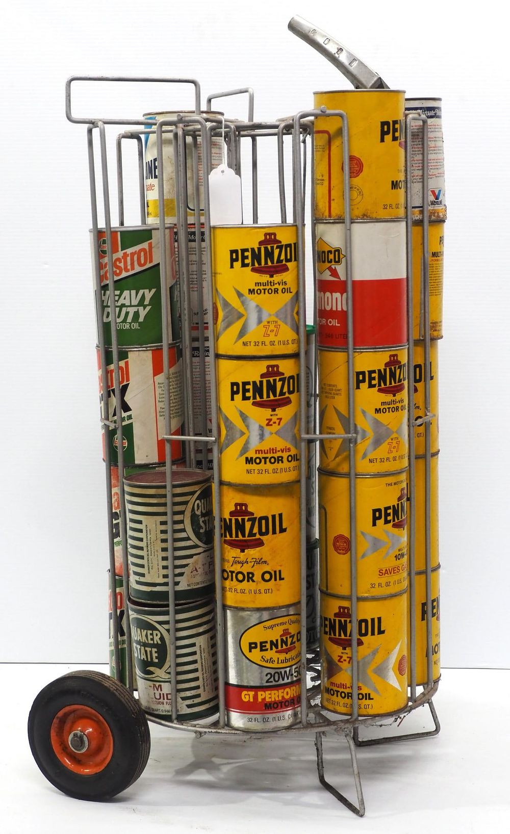 Lot 1434: Portable oil can rack/display on wheels