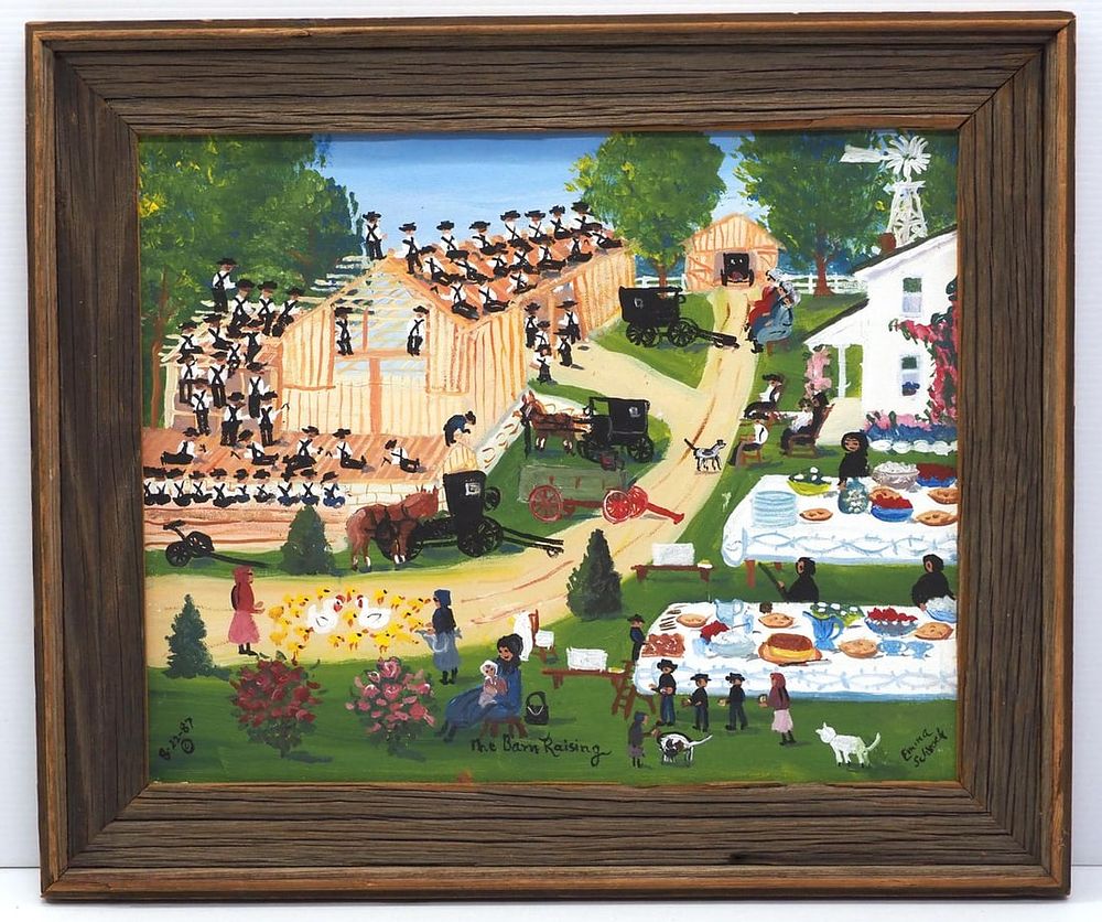 Lot 256: Emma Schrock painting "The Barn Raising"