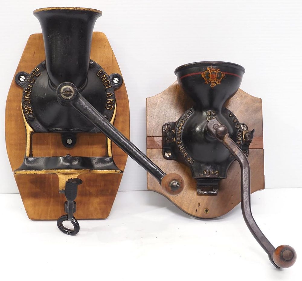 Lot 396: (2) Cast iron, wall-mount coffee grinders