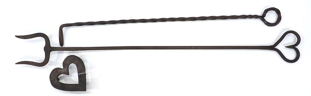 Lot 406: Hand-forged fireplace tools and trivet