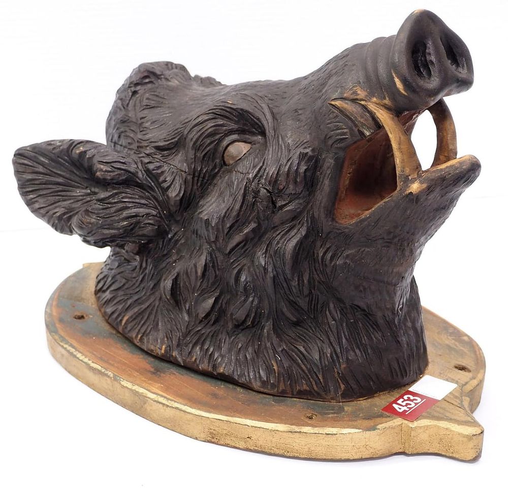 Lot 453: Carved wooden boar's head wall-mount
