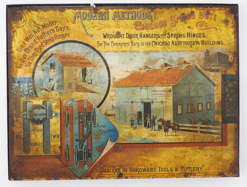 Lot 654: Wrought Door Hangers & Spring Hinges sign