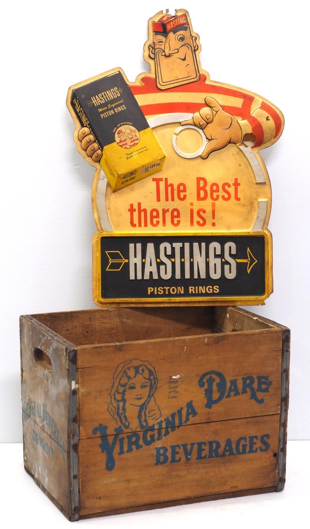 Lot 1448: Virginia Beverages crate / Hastings Piston Rings sign