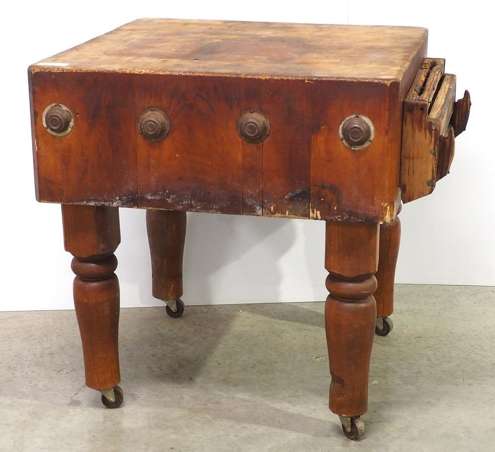 Lot 302: Large wooden primitive butcher block table