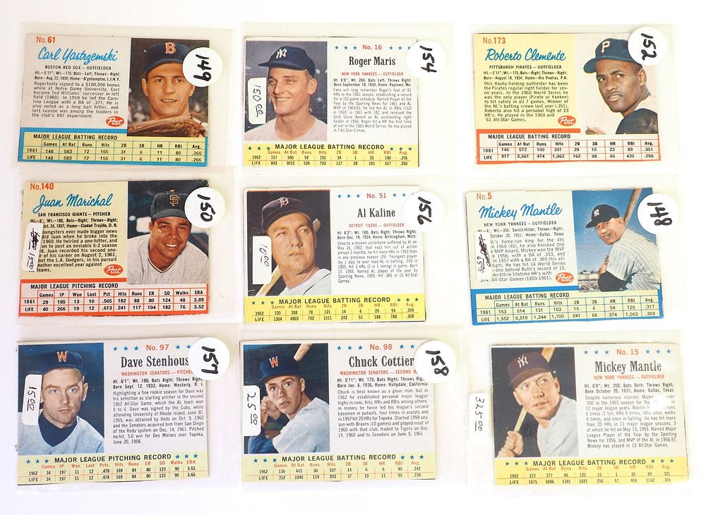 Lot 57: (9) 1963 Post Vintage Collector Cards with (2) Mickey Mantles
