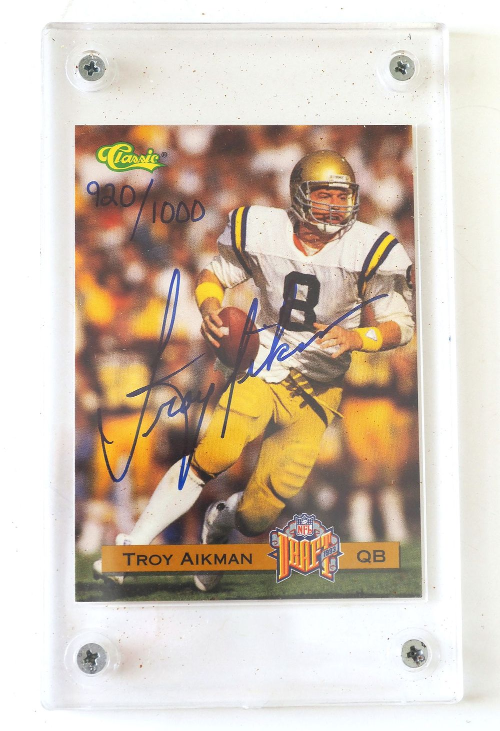 Lot 76: 1993 Classic NFL Draft Troy Aikman Football Card, Autograph 920/1000