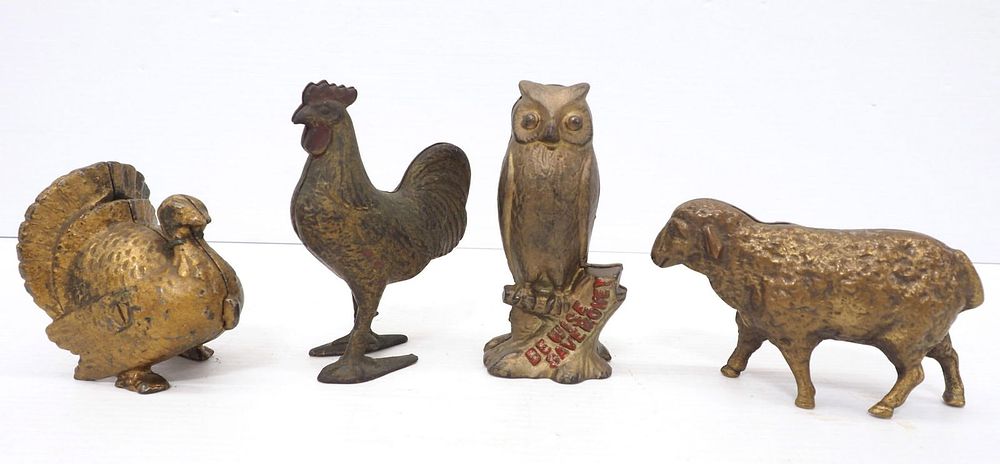 Lot 150F: Cast iron rooster, owl, turkey, and sheep banks