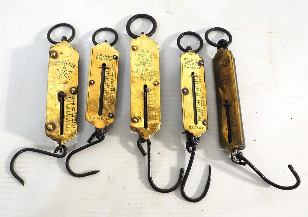 Lot 86: (5) Brass face 24 & 25 lb. pocket scales