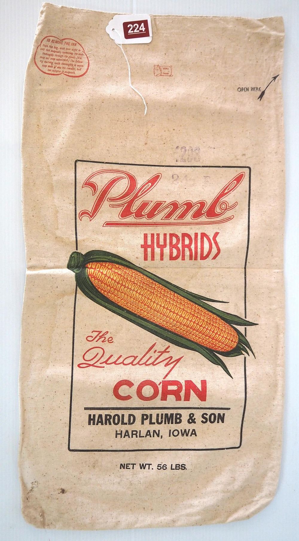 Lot 224: Plumb Hybrids cloth seed corn bag