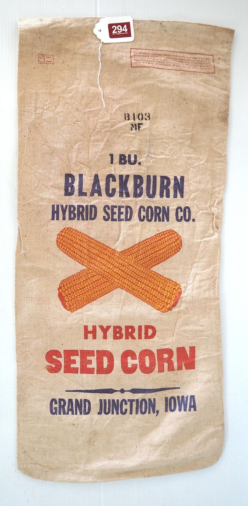 Lot 294: Blackburn Hybrid cloth seed corn bag