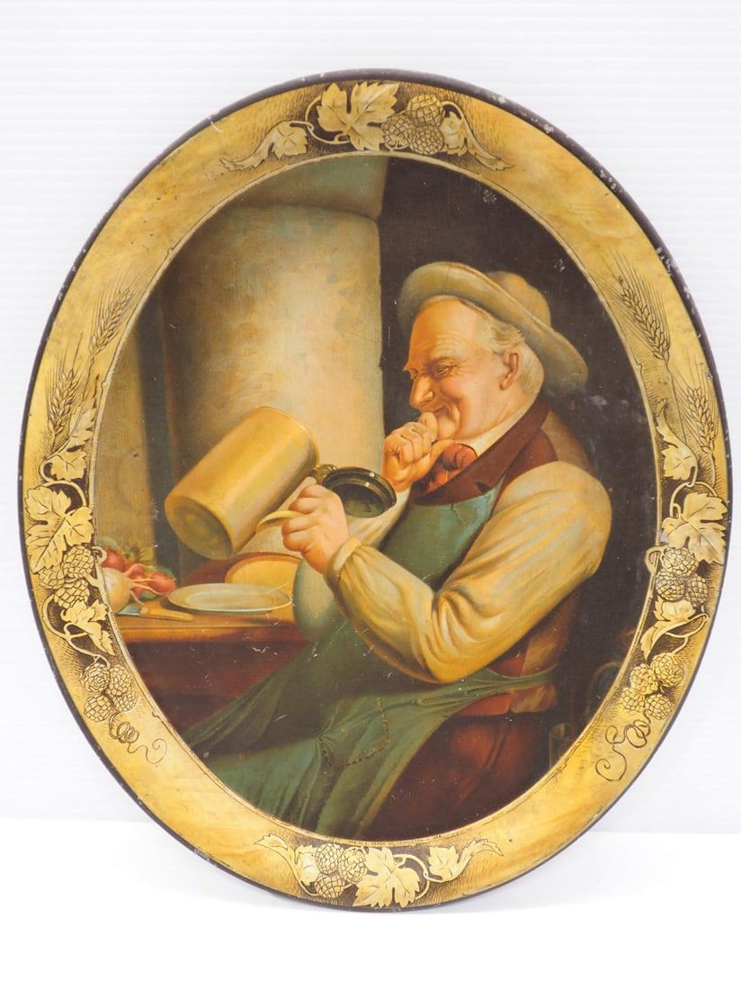 Lot 2002: Tin tray with beer and old man scene
