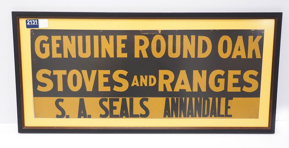 Lot 2131: Genuine Round Oak Stoves and Ranges sign