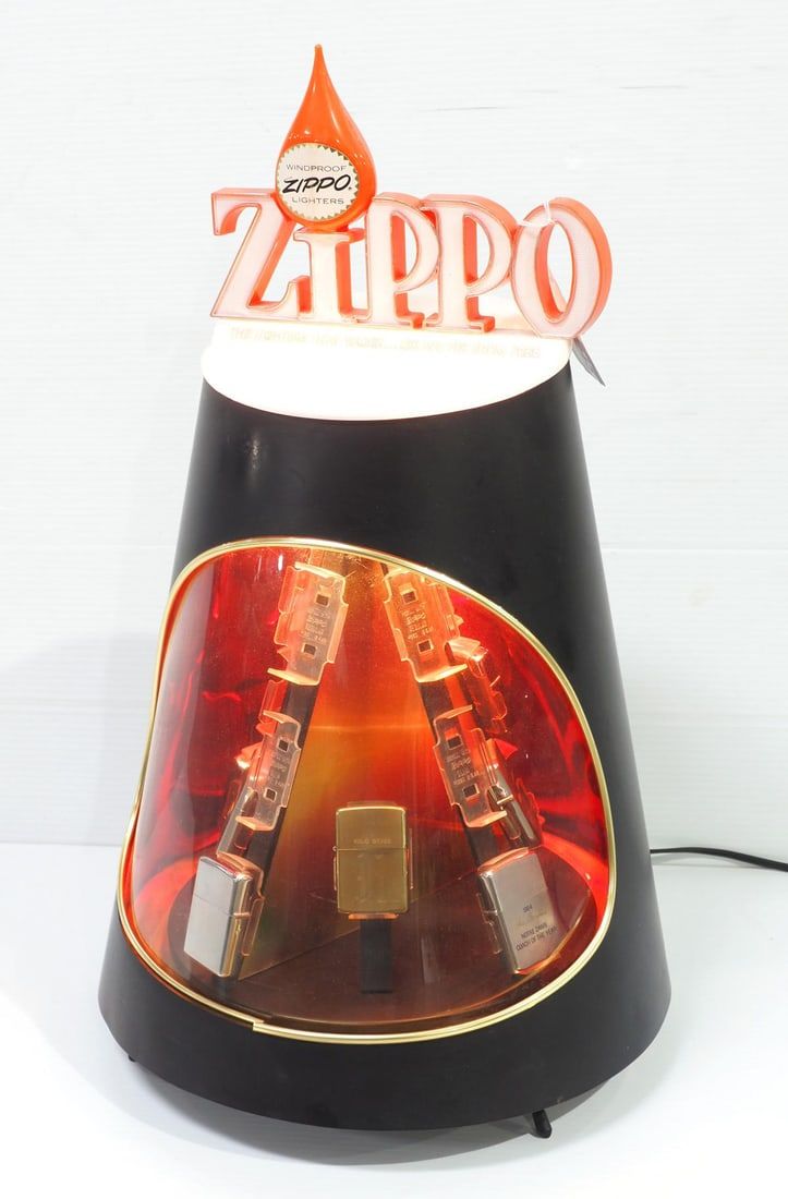 Lot 2245: RARE Zippo display case and 8 Zippo lighters