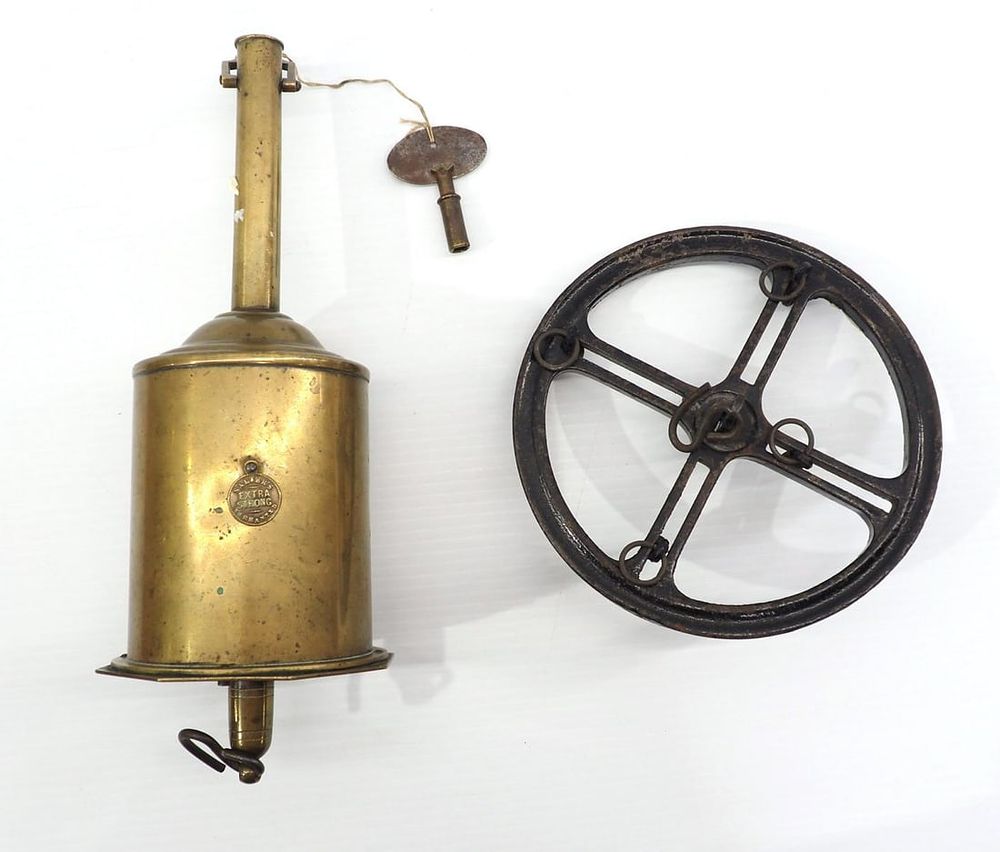 Lot 2327: Salter's brass hanging key wind meat rotisserie