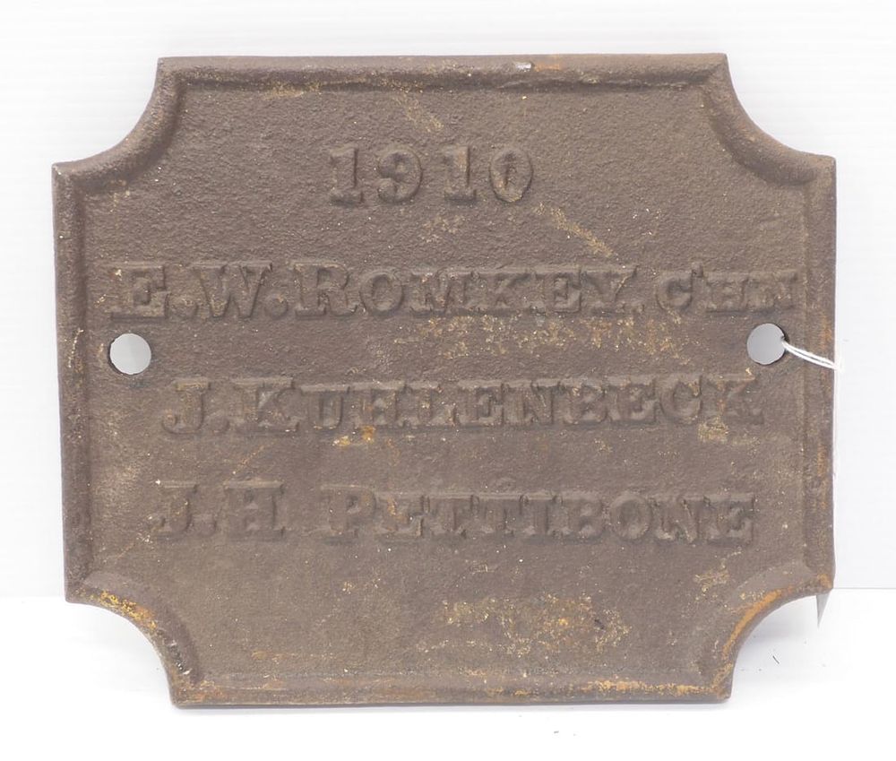 Lot 1348: 1910 cast iron E.W. Romkey bridge plate