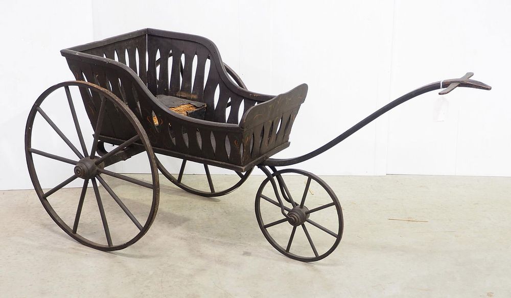 Lot 1421: Child's pull-type wooden 3-wheel cart