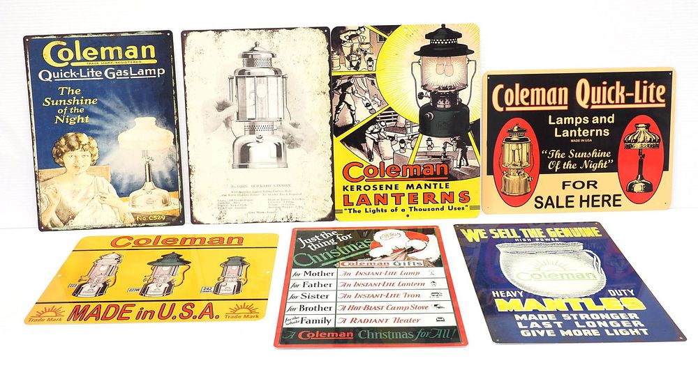 Lot 542: (7) Miscellaneous reproduction Coleman signs