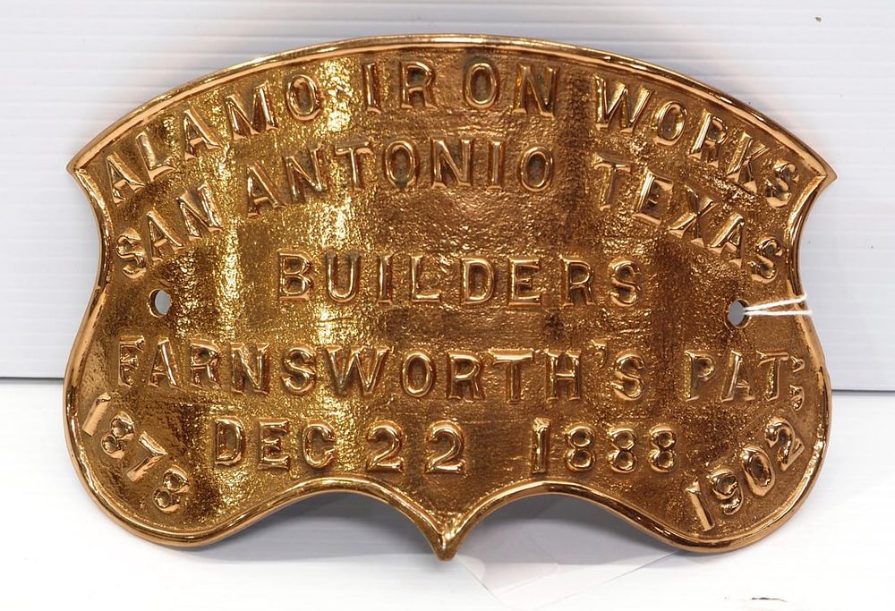 Lot 1110: Brass convex Alamo Iron Works building sign
