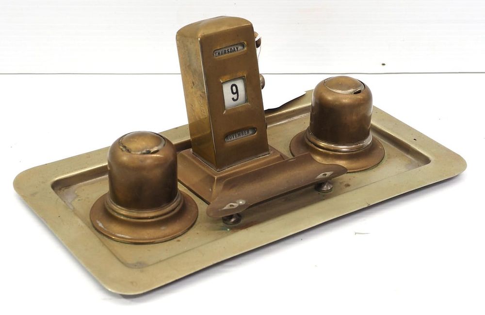 Lot 1182: Brass desktop inkwell set