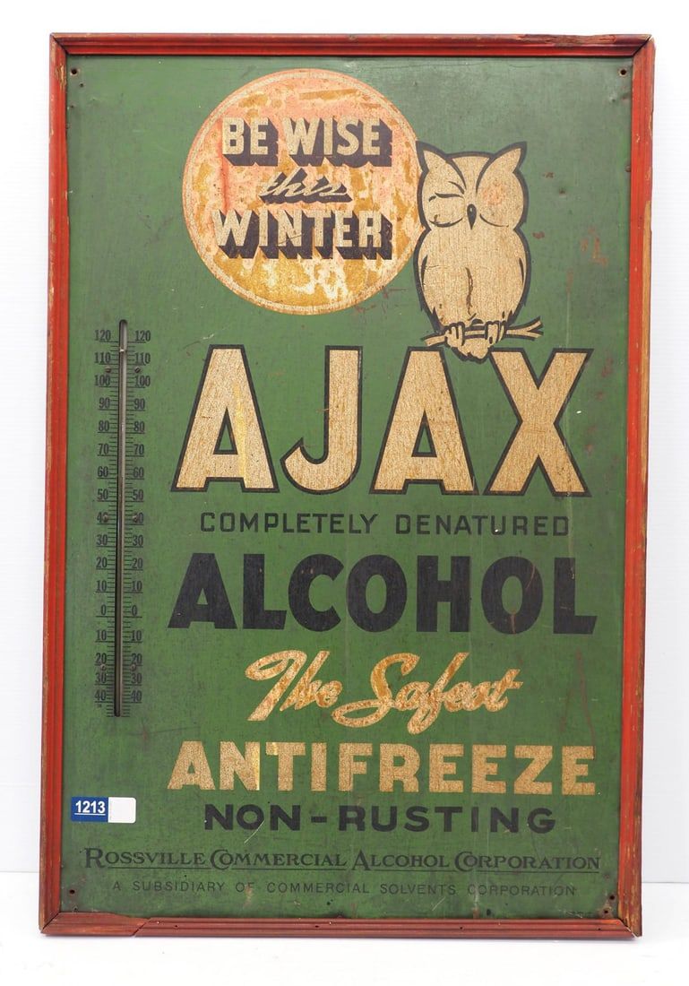Lot 1213: Ajax Alcohol Antifreeze sign with thermometer