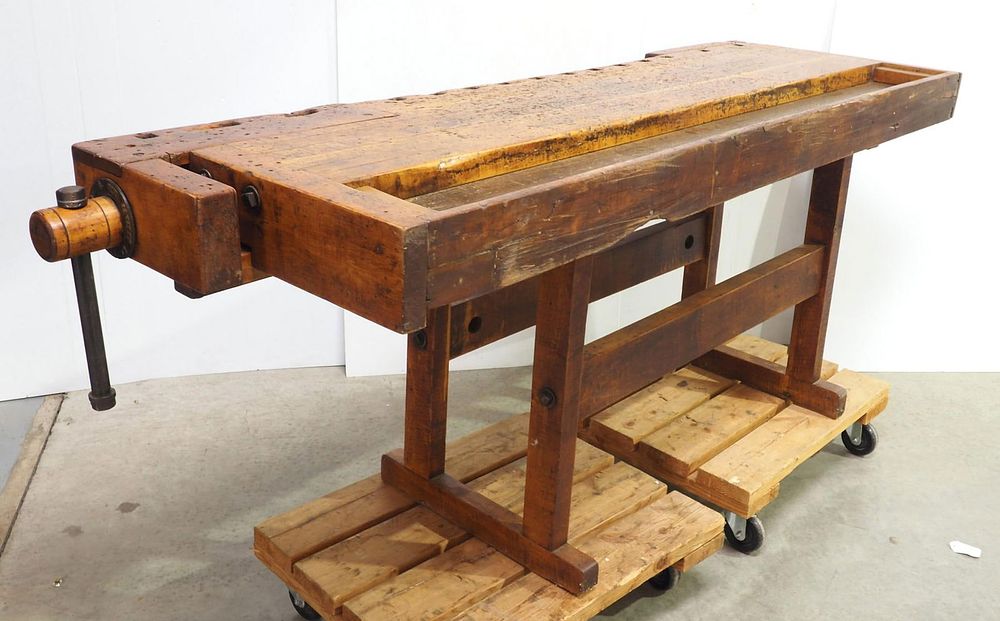 Lot 1236: Wooden workbench with (2) wooden vises