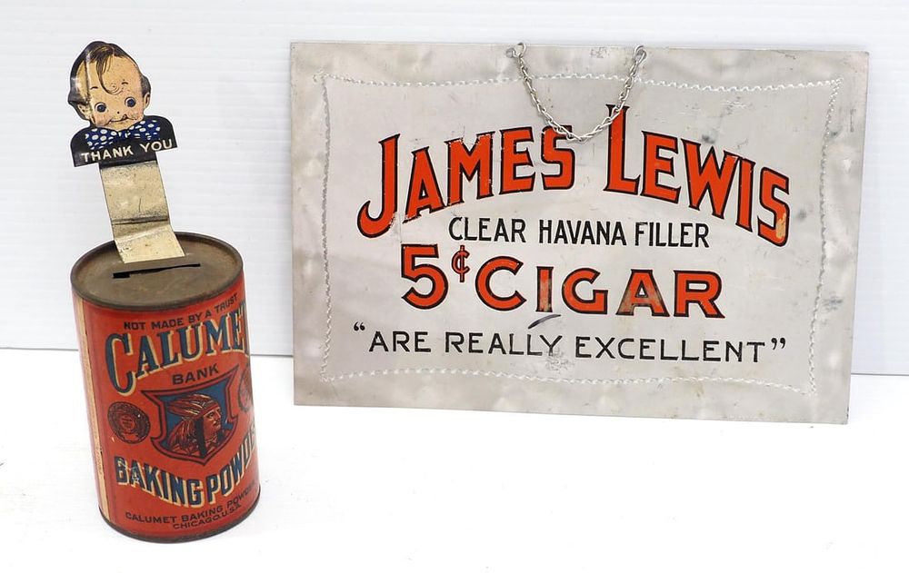 Lot 1285: Baking Powder tin bank / Cigar sign