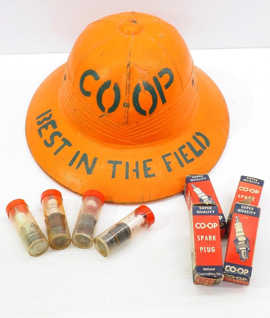 Lot 81: (8) Co-op spark plugs / Co-op hard hat